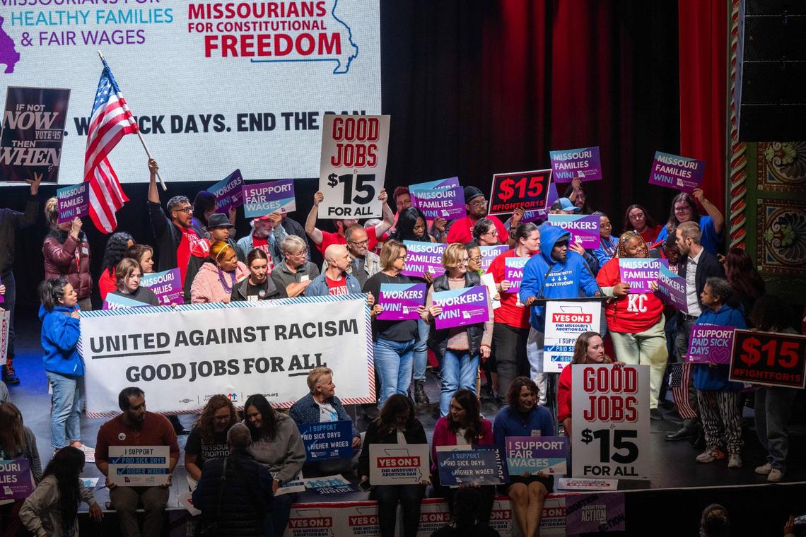 Supporters and organizers of Amendment 3 and Proposition A celebrate the results of the election at a watch party at Uptown Theater in Kansas City on Election Day, Tuesday, Nov. 5, 2024.