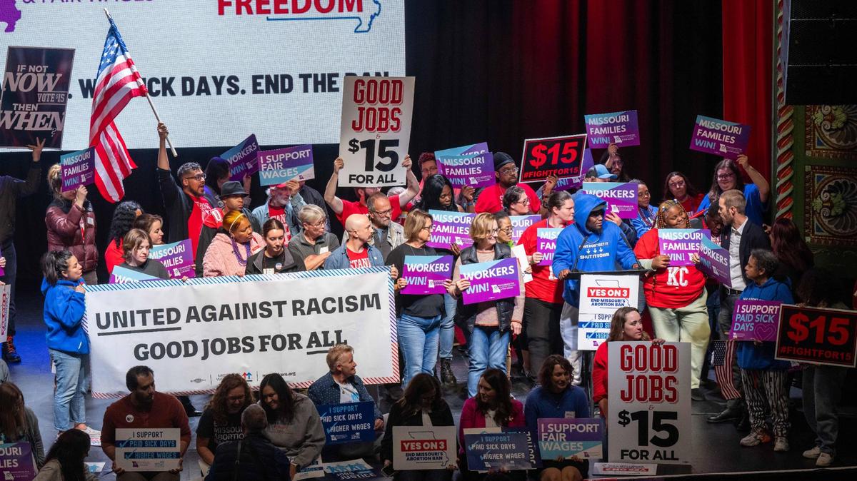 Supporters and organizers of Amendment 3 and Proposition A celebrate the results of the election at a watch party at Uptown Theater in Kansas City on Election Day, Tuesday, Nov. 5.