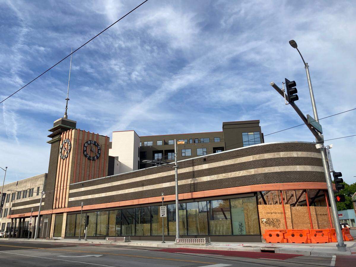 The exterior of the former 1934 Katz Drug Store, 3948 Main St., still sits unfinished as the entrance to the new Katz on Main apartment complex. Owner, Lux Living, says it will be finished by early 2026.