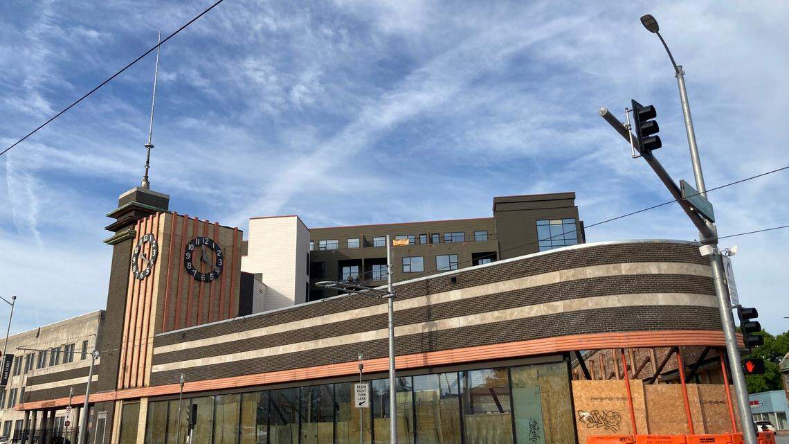 The exterior of the former 1934 Katz Drug Store, 3948 Main St., still sits unfinished as the entrance to the new Katz on Main apartment complex. Owner, Lux Living, says it will be finished by early 2026.