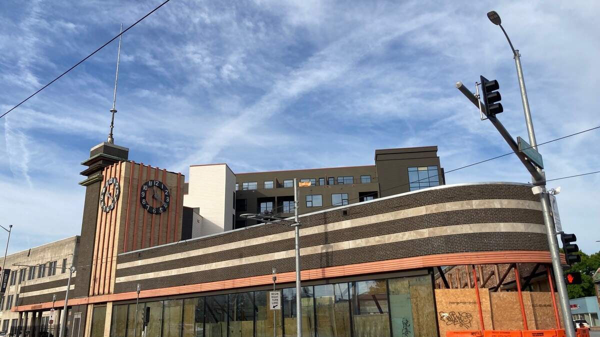 The exterior of the former 1934 Katz Drug Store, 3948 Main St., still sits unfinished as the entrance to the new Katz on Main apartment complex. Owner, Lux Living, says it will be finished by early 2026.