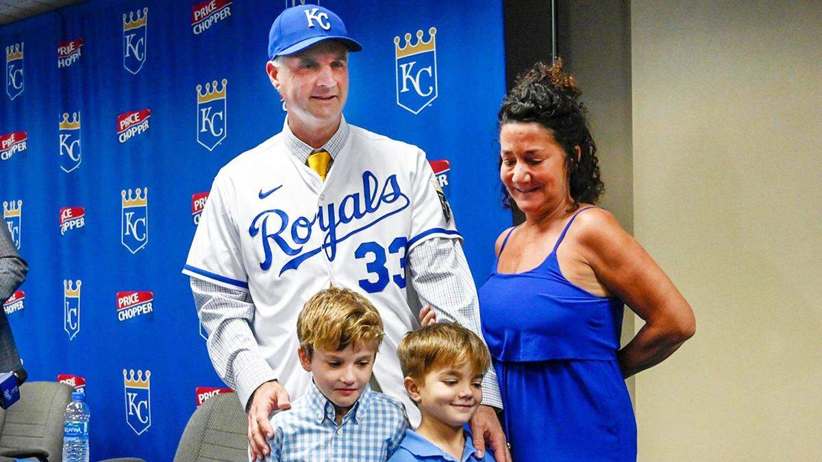 After being introduced as the new Royals manager, Matt Quatraro was seen with his wife Chris and his sons George (left) and Leo after a press conference Thursday, Nov. 3, 2022, at Kauffman Stadium.