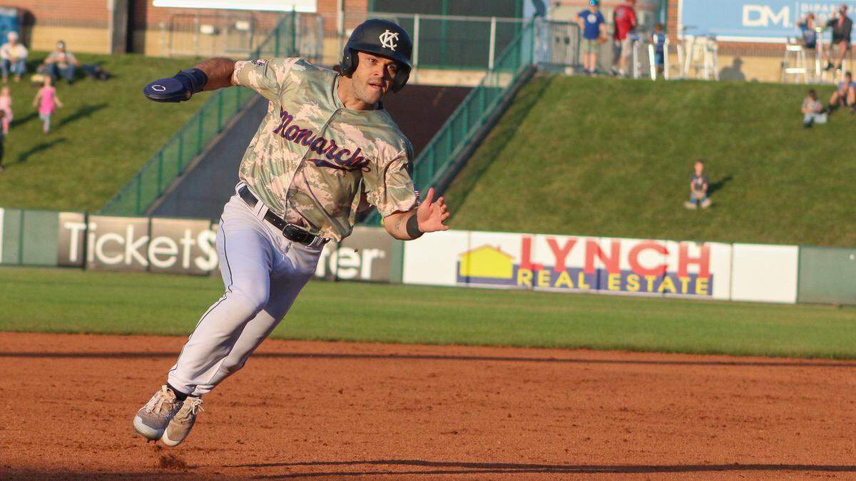 Kansas City Monarchs outfielder Jacob Robson rounds third in a game against the Sioux Falls Canaries on May 20 at Legends Field.