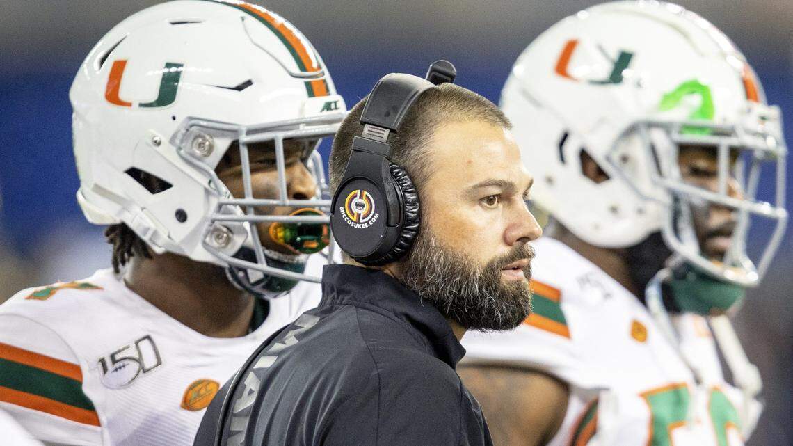 Miami Hurricanes defensive coordinator Blake Baker on the sidelines during the first quarter of a football game against Florida International University at Marlins Park in Miami, Florida on Saturday, November 23, 2019.