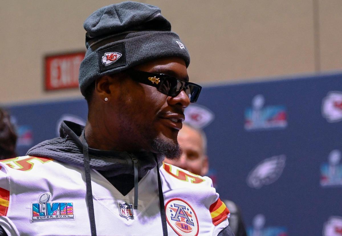 Kansas City Chiefs defensive end Frank Clark heads out after the Chiefs media availability Wednesday, Feb. 8, 2023, at Hyatt Regency Scottsdale Resort & Spa at Gainey Ranch in Arizona.