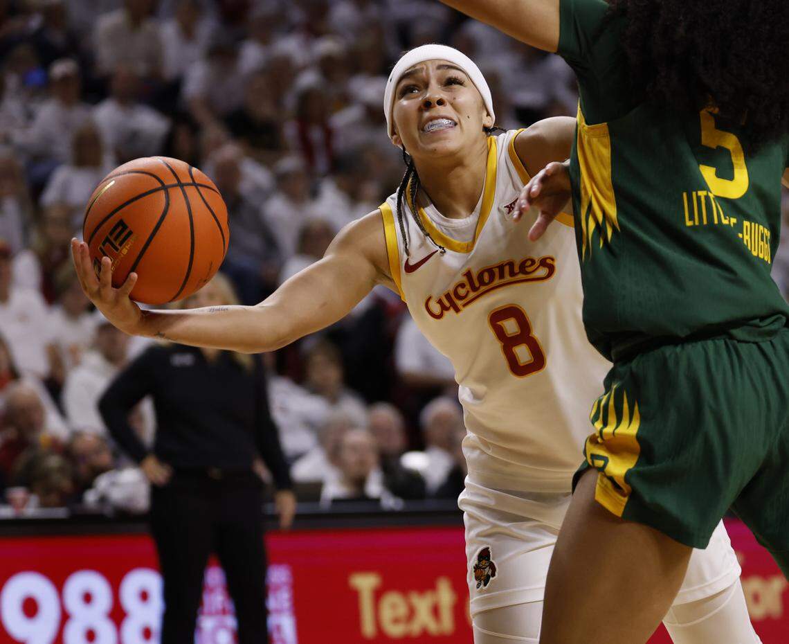Jada Williams of the Iowa State Cyclones takes a shot as Darianna Littlepage-Buggs of the Baylor Bears defends in the first half at Hilton Coliseum on Jan. 4 in Ames, Iowa.