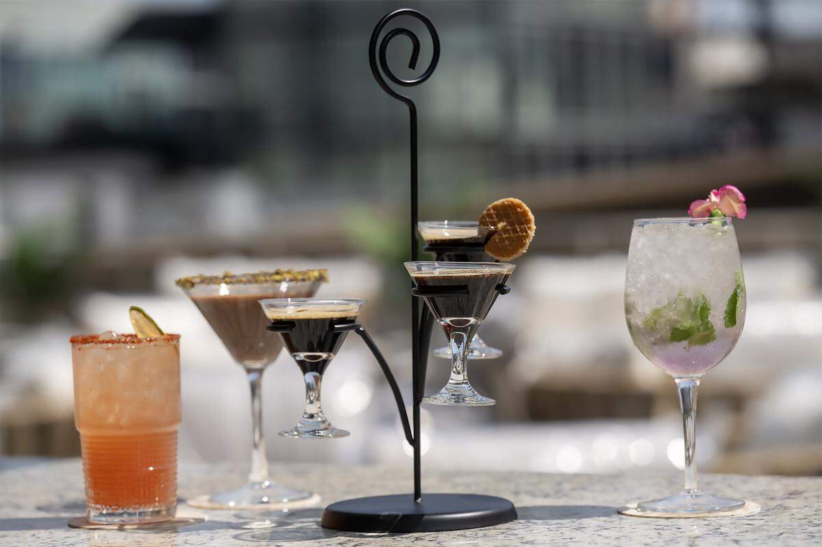 Cocktails including a Firestone, Dubai Chocolate Martini, Espresso Martini Flight, and a Lavener Hugo Spritz, at the new Palm Beach Club in Kansas City's Power &amp;amp;amp; Light District. Located at 14 E. 14th Street, the restaurant and bar was previewed by the media on Thursday, September 4, 2025.