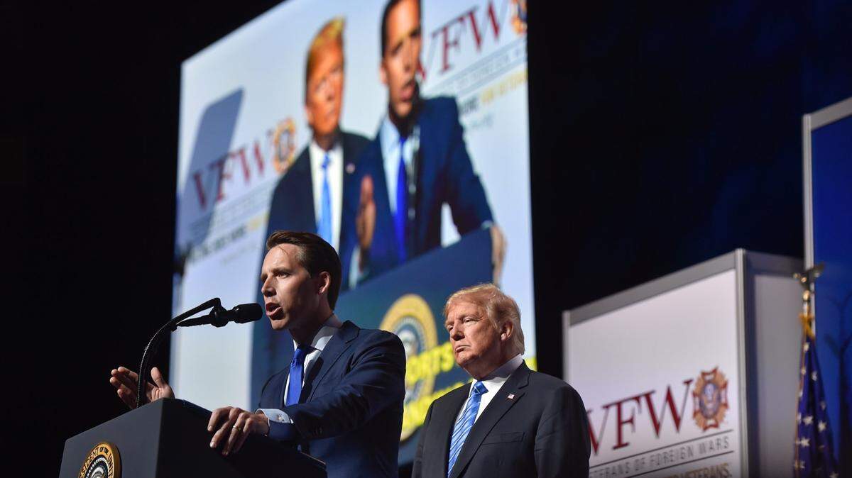 Missouri Attorney General Josh Hawley appeared on stage with President Donald Trump on Tuesday during the president’s visit to the Veterans of Foreign Wars’ national convention in Kansas City.
