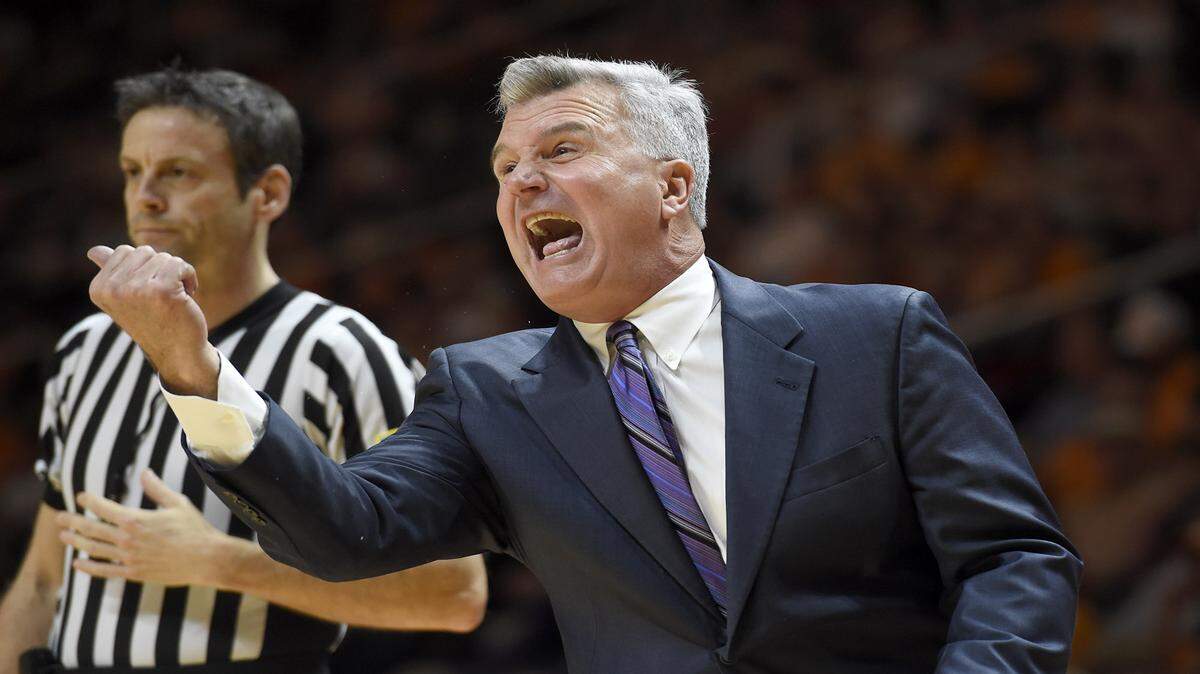 Kansas State coach Bruce Weber shouts to players during an NCAA college basketball game against Tennessee in Knoxville, Tenn., Saturday, Dec. 6, 2014. 
