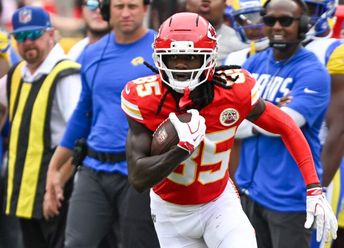 Kansas City Chiefs wide receiver Andrew Armstrong (85) runs the ball downfield in the first quarter of the Kansas City Chiefs vs. Los Angeles Rams preseason game at Arrowhead Stadium in Kansas City on Aug. 15, 2026.