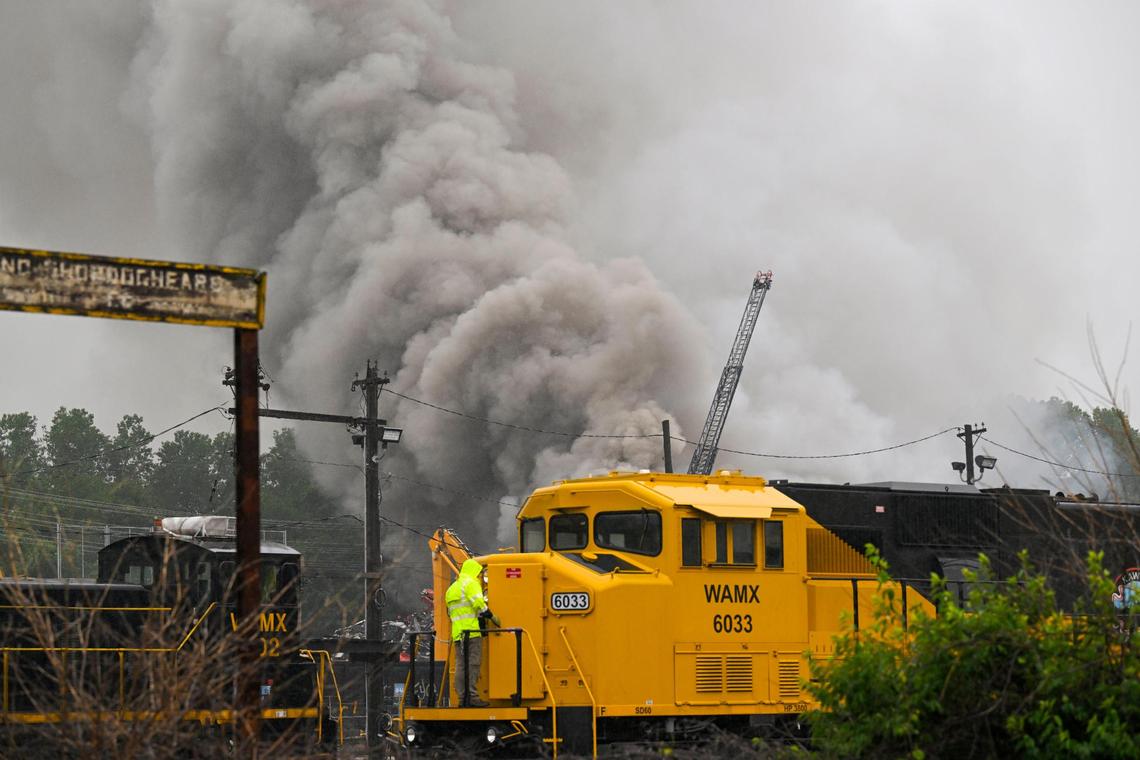 Smoke billows from a large, industrial fire at Advantage Metals Recycling, 1153 South 12th Street on Friday, May 19, 2023 in Kansas City, Kansas. Crews from the Kansas City, Kansas, Fire Department were on the scene battling the blaze.