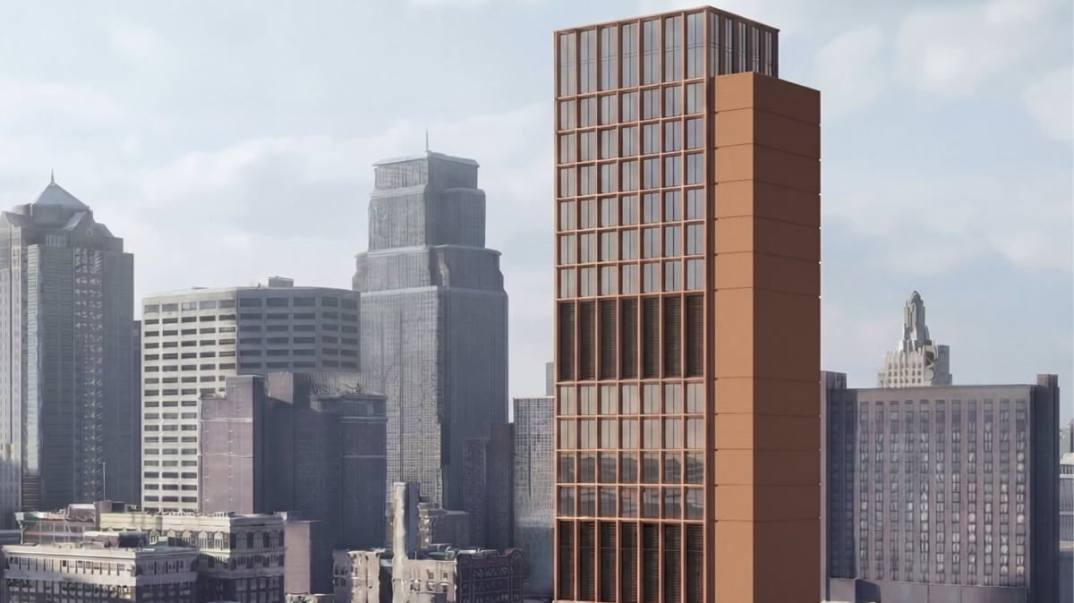 A rendering of a proposed 20-story data center tower in downtown Kansas City.