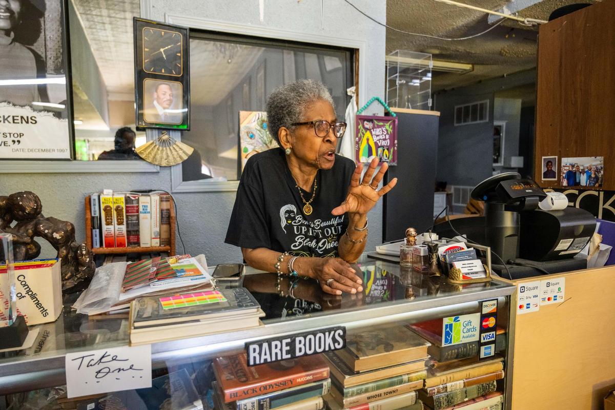 Willa Robinson, owner of Willa’s Books & Vinyl, in Kansas City on Thursday, July 10, 2025. Willa’s will close on Saturday as Robinson goes into retirement. Robinson says she “loves to sell books and will miss it.”
