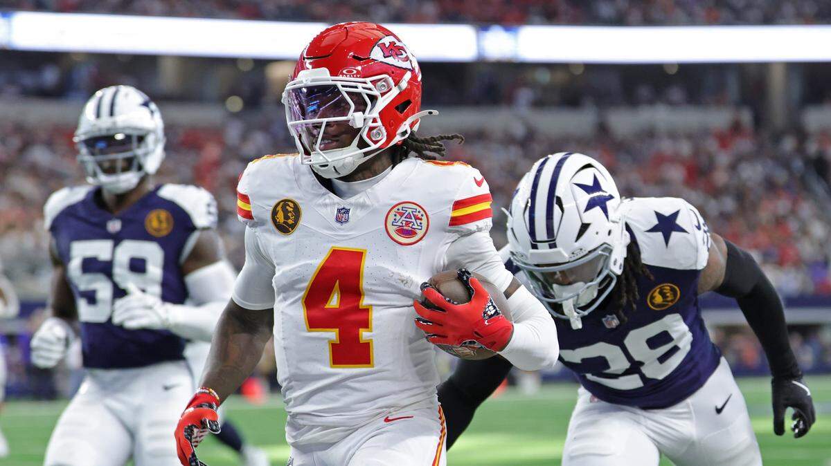 Kansas City Chiefs wide receiver Rashee Rice scores a touchdown during an NFL Week 13 Thanksgiving Day game against the Dallas Cowboys at AT&T Stadium in Arlington, Texas on Thursday, Nov. 27, 2025.