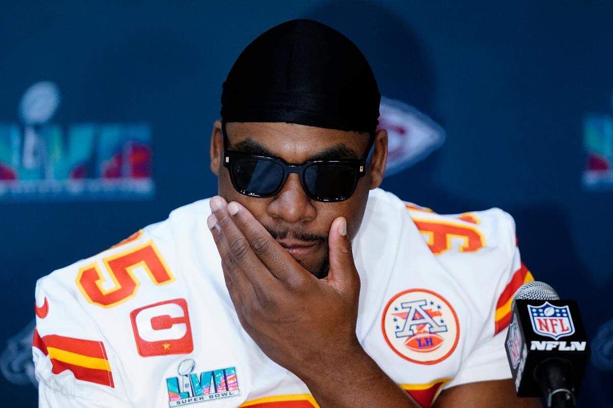 Kansas City Chiefs defensive tackle Chris Jones listens to a question during an NFL football Super Bowl media availability in Scottsdale, Ariz., Wednesday, Feb. 8, 2023. The Chiefs will play against the Philadelphia Eagles in Super Bowl LVII on Sunday.