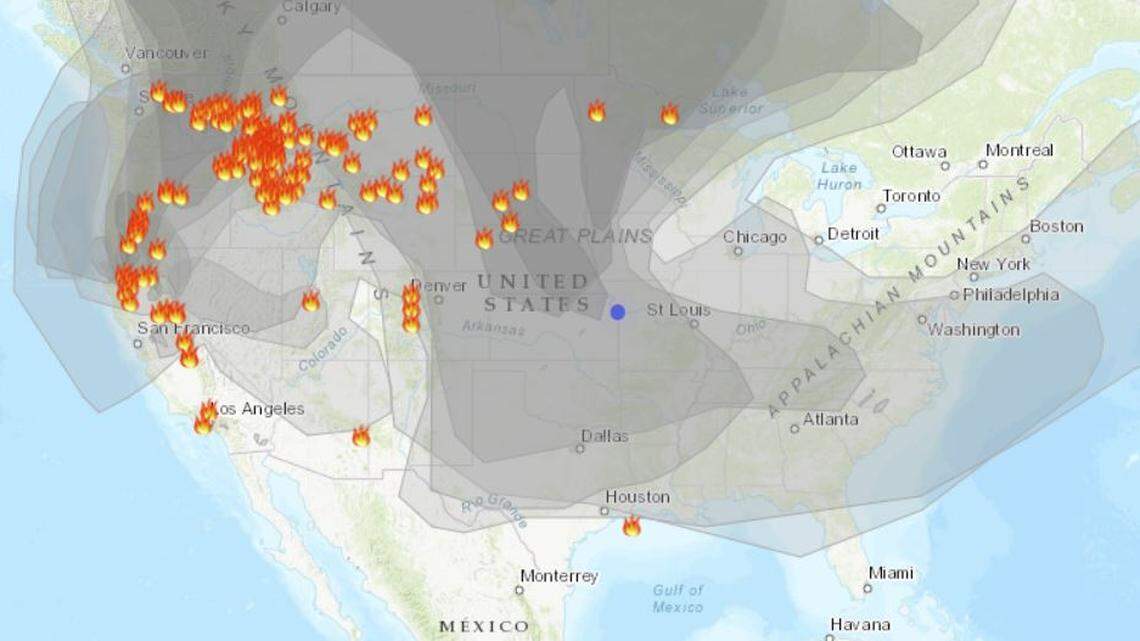 Plumes of smoke traveling from wildfires in the western parts of the United States and Canada are finding their way to Kansas City and other parts of the nation bringing poor air quality more than a thousand miles away from the blazes. This is how the smoke was blanketing the nation on Aug. 3, 2021.