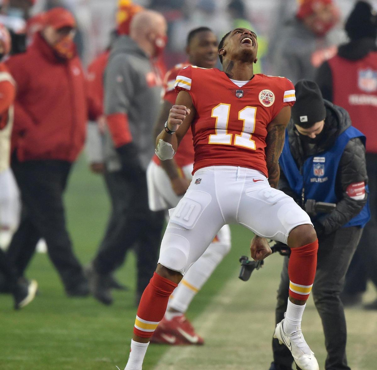 Kansas City Chiefs wide receiver Demarcus Robinson celebrates the Chiefs 22-17 victory over the Cleveland Browns in the AFC Divisional Playoff at Arrowhead Stadium Sunday, Jan. 17, 2021.