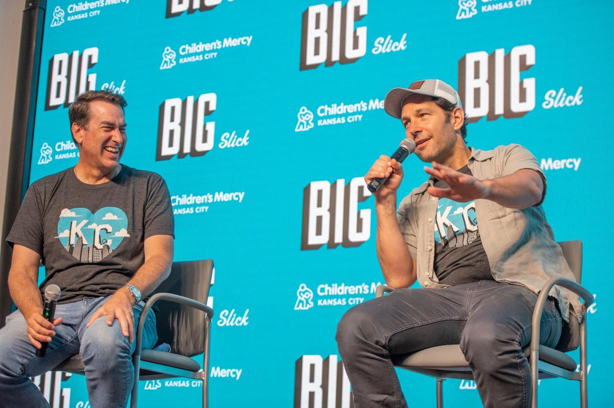 Hometown hosts Rob Riggle, left, and Paul Rudd spoke Friday at a press conference launching Big Slick Celebrity Weekend.