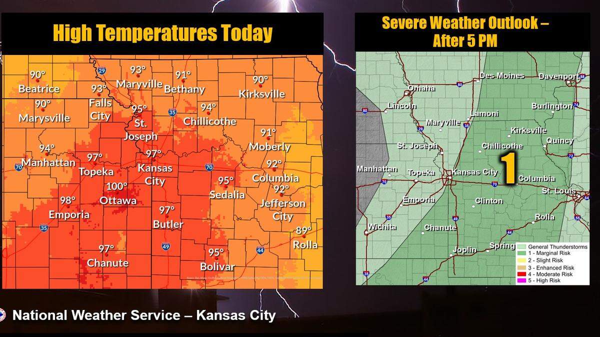 Hot and humid conditions are expected in the Kansas City area with heat index values climbing to between 100 and 105 degrees, according to the National Weather Service. Afternoon storms will be possible with the stronger thunderstorms more likely east of Interstate 35.