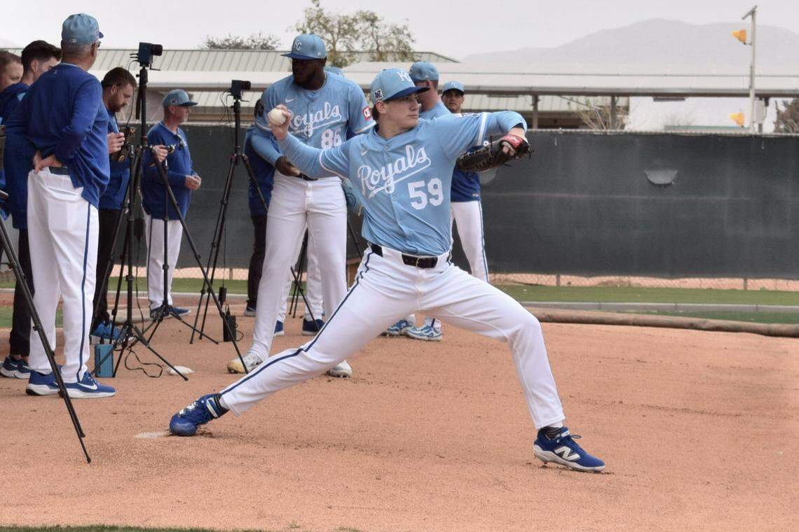 Kansas City Royals right-handed pitcher Ben Kudrna throws bullpen session during spring training in Surprise, Arizona on Feb. 12, 2025.