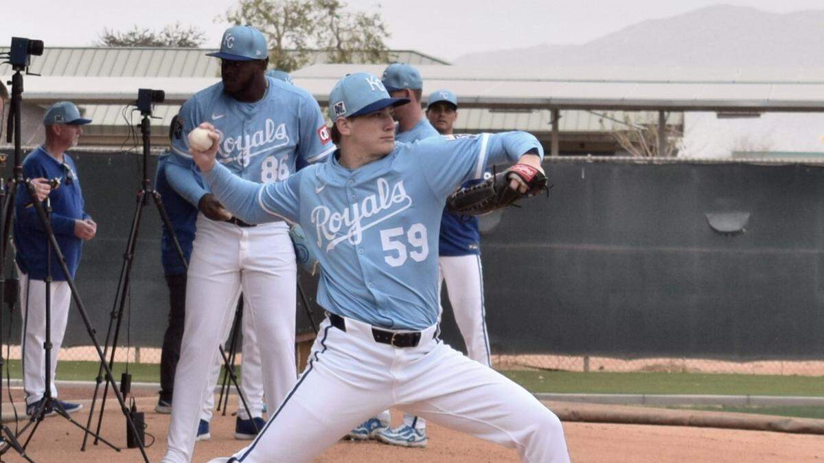 Kansas City Royals right-handed pitcher Ben Kudrna throws a bullpen session during spring training in Surprise, Arizona on Feb. 12, 2025.