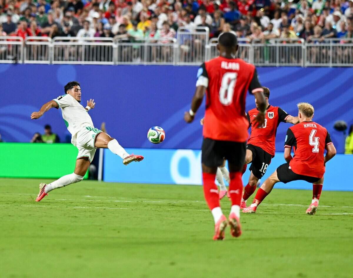 Algeria midfielder Farès Chaïbi (10) makes a kick during the first half of the World Cup game between Algeria and Austria at Kansas City (Arrowhead) Stadium on Saturday, June 27, 2026.