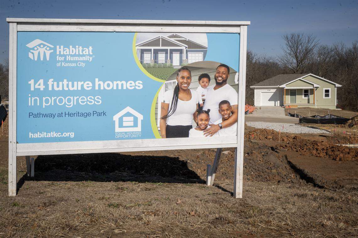 A sign in Olathe for :Habitat for Humanity's project, "Pathway at Heritage Park," announcing the 14-home community, now under construction at 159th Street and Black Bob Road.