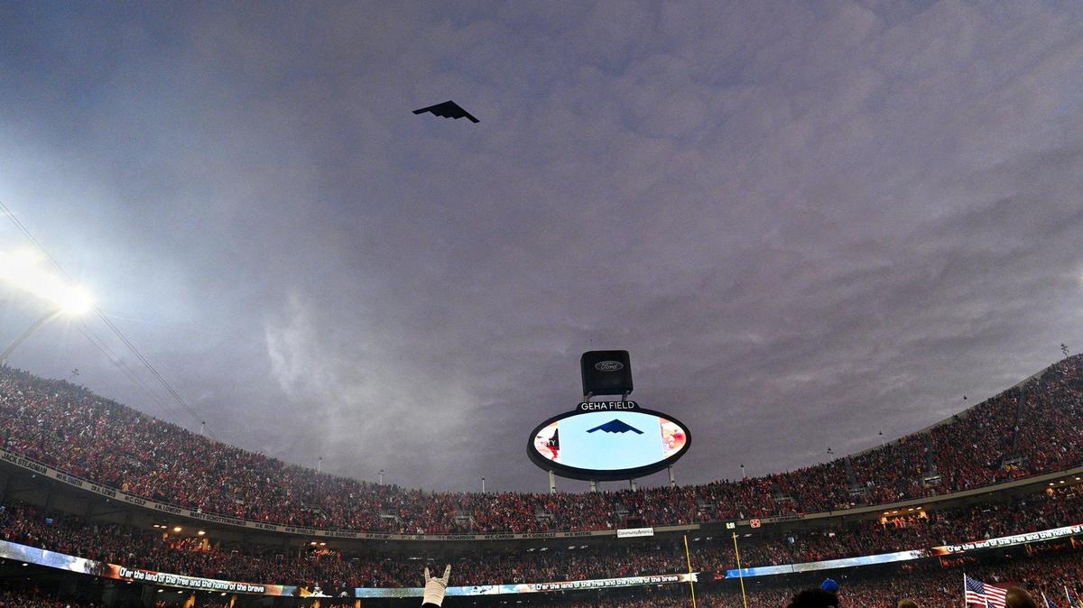 A B-2 bomber does a flyover before the AFC Divisional Playoff game between the Kansas City Chiefs and the Buffalo Bills at GEHA Field at Arrowhead Stadium Sunday, Dec. 23, 2022. The Chiefs defeated the Bills in overtime 42-36 to advance to the AFC Championship Game.