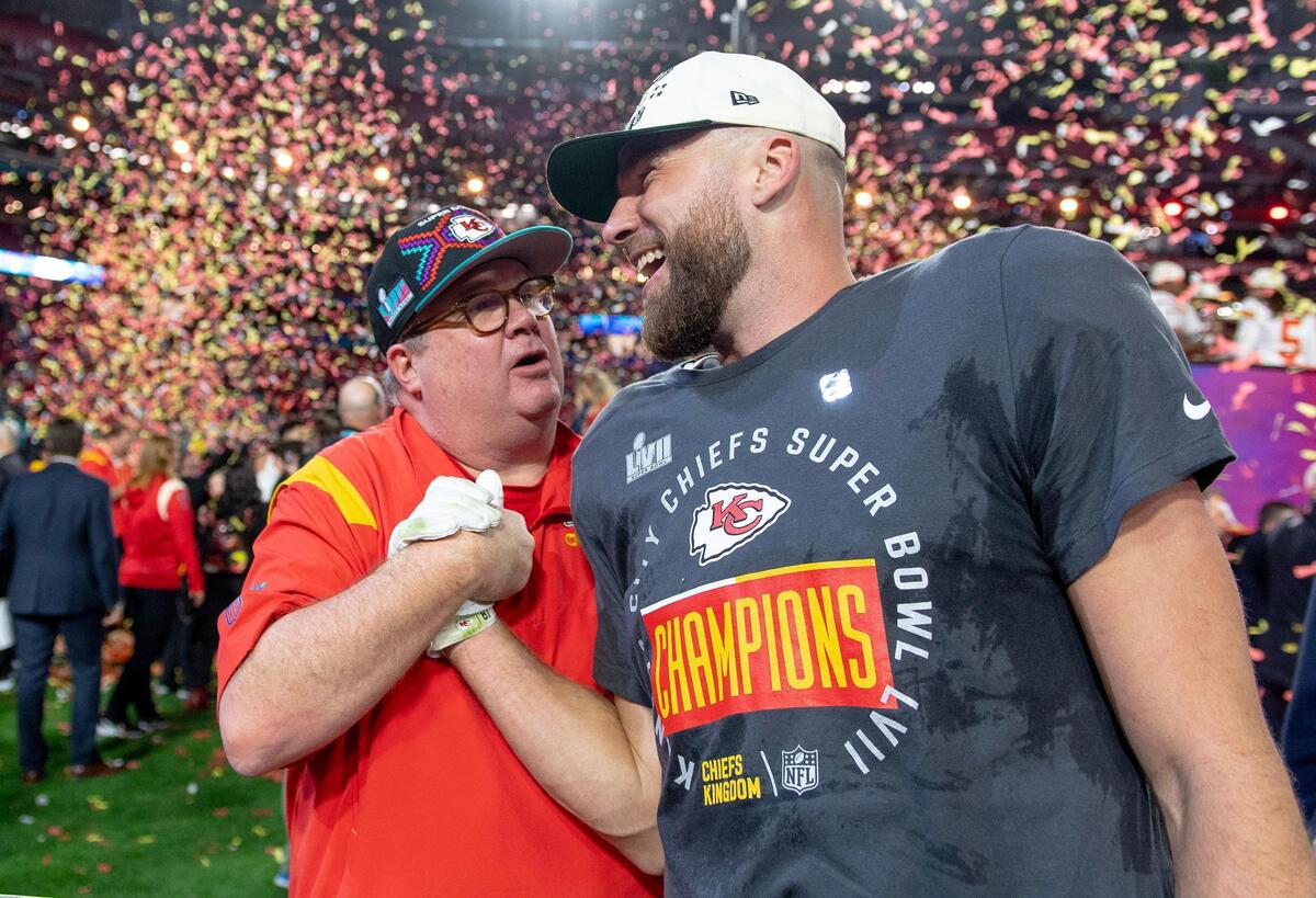 Actor Eric Stonestreet congratulates Kansas City Chiefs tight end Travis Kelce after defeating the Philadelphia Eagles 38-35 in the Super Bowl LVII football game on Sunday, Feb. 12, 2023, in Glendale, Ariz.