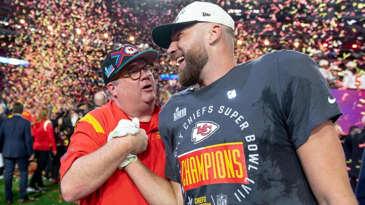 Actor Eric Stonestreet congratulates Kansas City Chiefs tight end Travis Kelce after defeating the Philadelphia Eagles 38-35 in the Super Bowl LVII football game on Sunday, Feb. 12, 2023, in Glendale, Ariz.