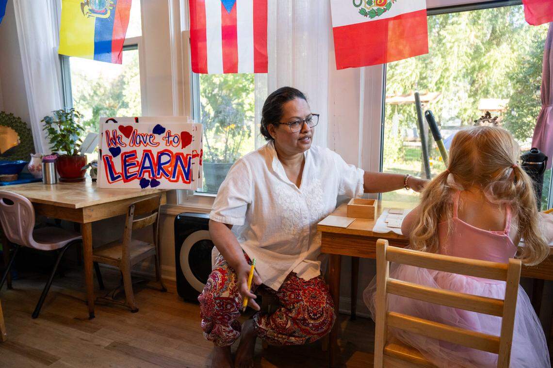 Buddhika Kimmanthudawa teaches young children at her in-home, licensed Montessori school on Thursday, October 16, 2025, in Leawood. Kimmanthudawa is facing legal threats from her HOA because of parking, traffic complaints and HOA is claiming that she can't operate a business in the HOA.