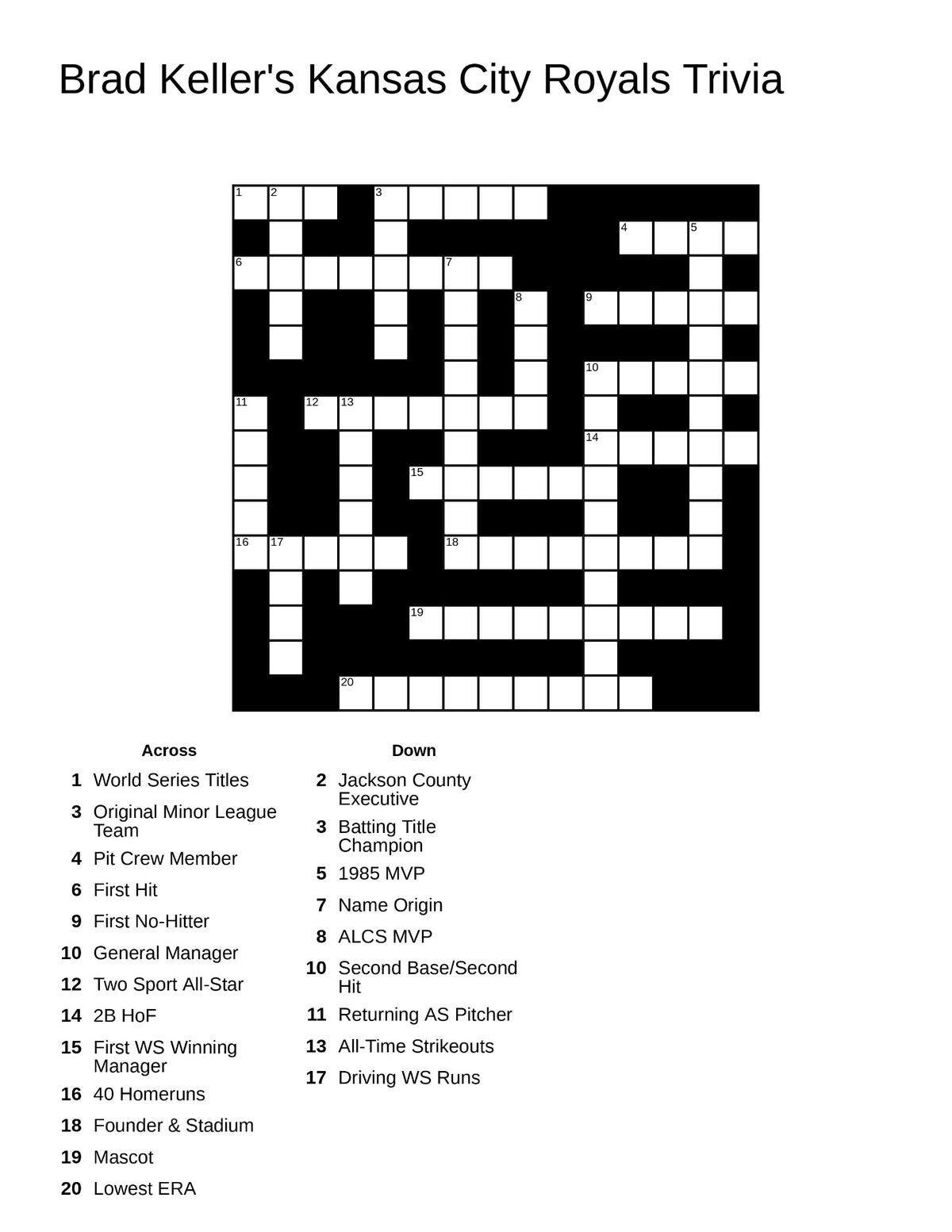 Royals starter Brad Keller came up with the clues for this puzzle.