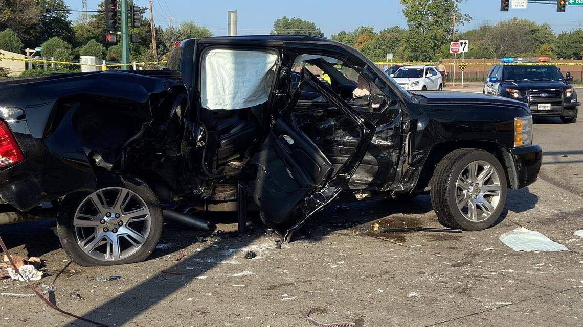 A toddler in a black pickup truck died after a crash involving a school bus, officials say.