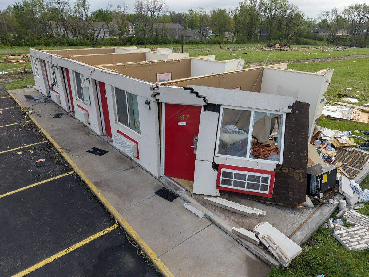 Damage was visible at the Knights Inn, 1641 S. Main St., on Tuesday, April 14, 2026, in Ottawa, Kansas, after a tornado moved through the town Monday night.