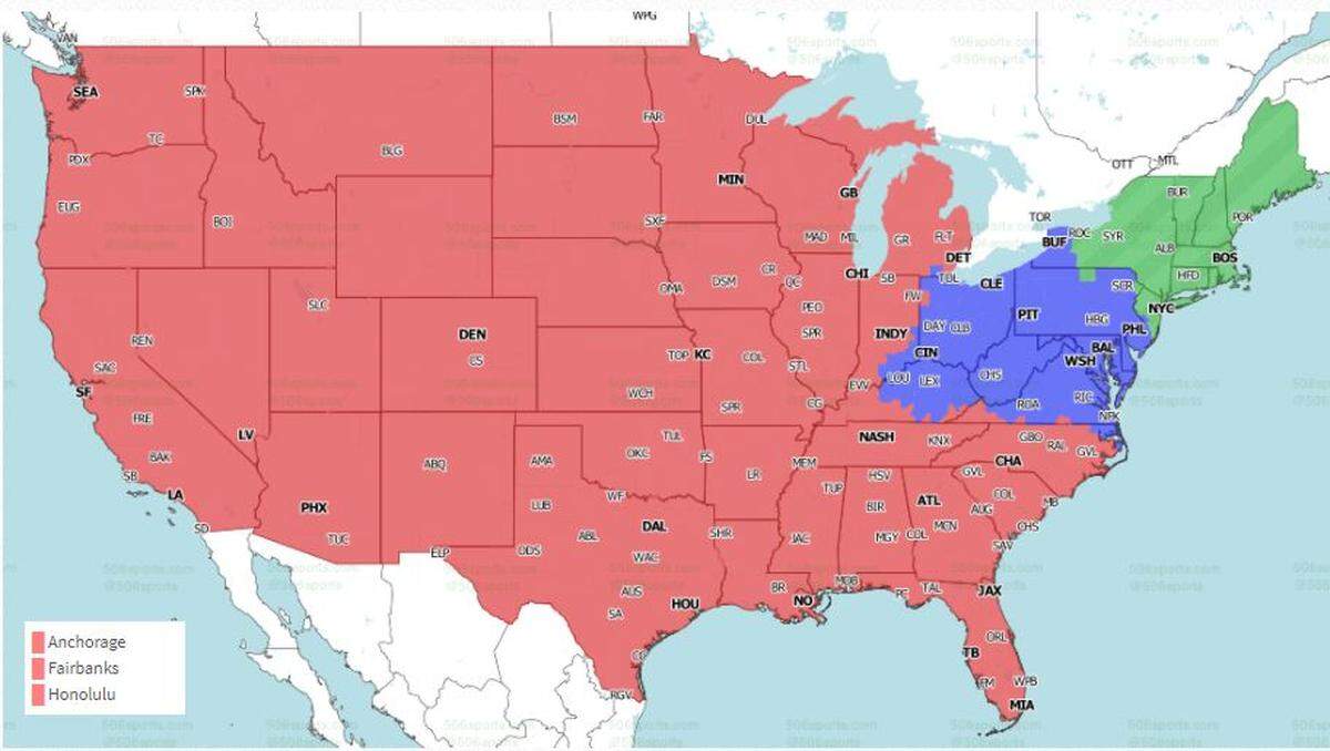 Areas in red will see the Chiefs-Titans game. The Ravens-Bengals game will be in blue and Jets-Patriots is in green.