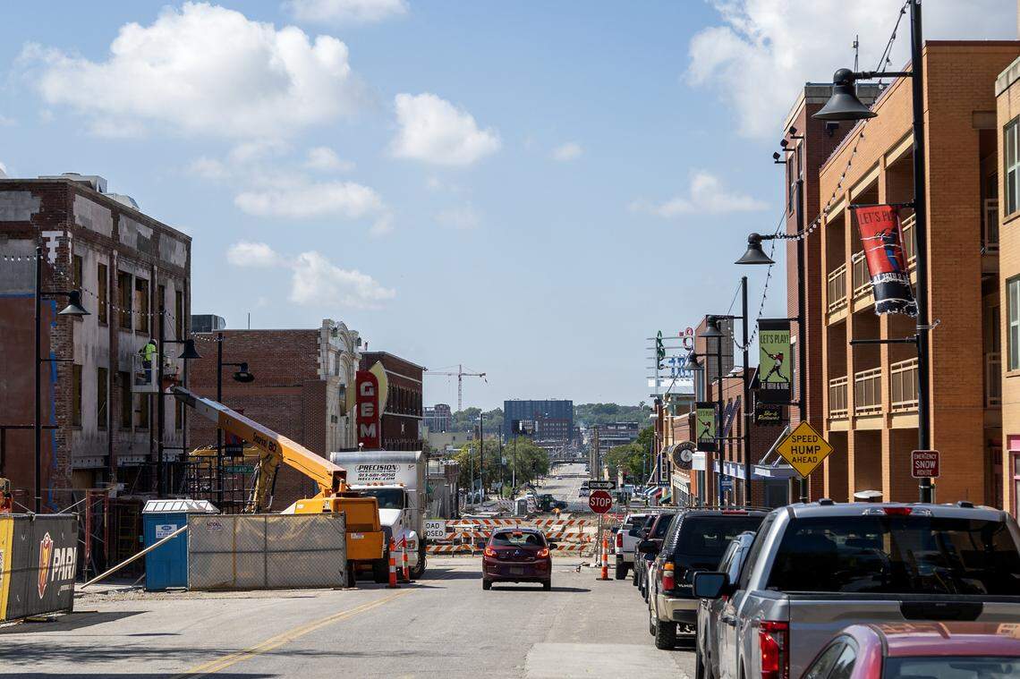 Construction along 18th Street is seen in Kansas City on Monday, Sept. 22, 2025.