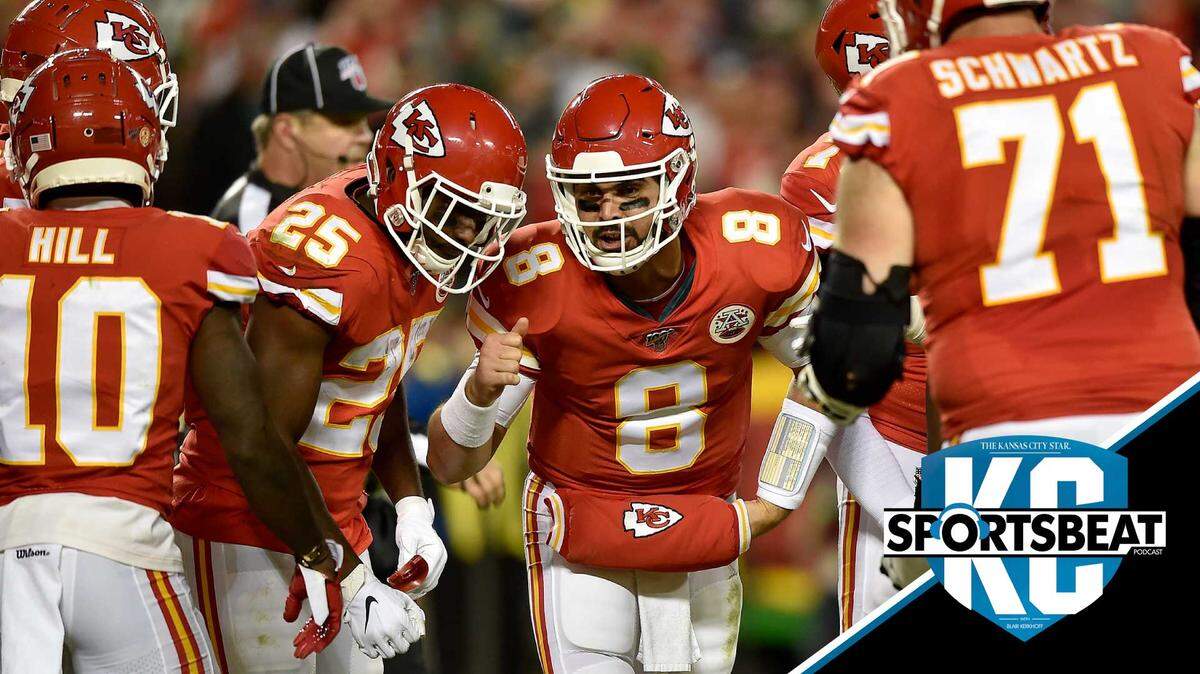 Kansas City Chiefs quarterback Matt Moore (8) calls a play during the second quarter of the Kansas City Chiefs game against the Green Bay Packers at Arrowhead Stadium Sunday, Oct. 27, 2019.