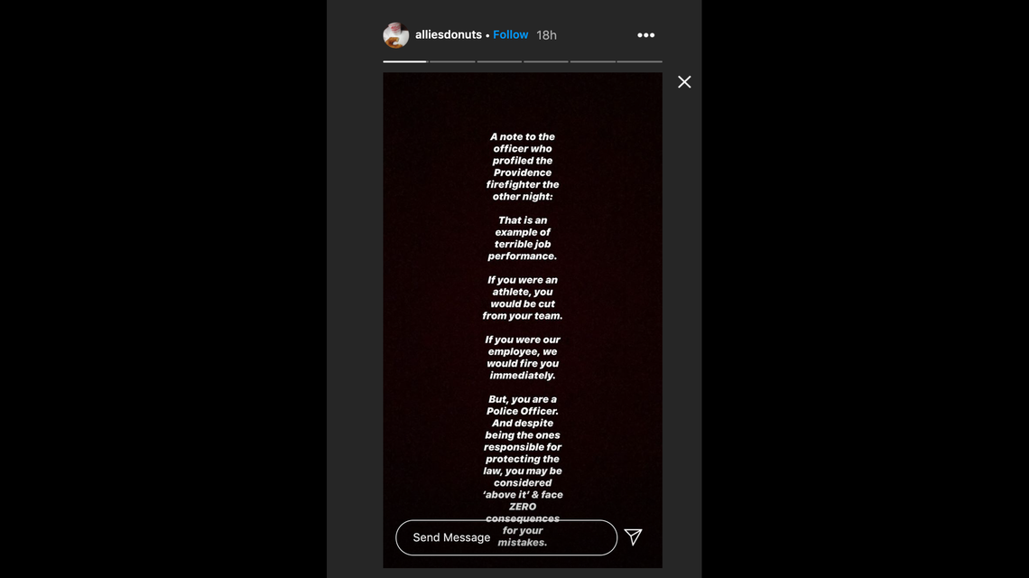 Allie’s Donuts called out police after a news report about a Providence firefighter said he was racially profiled by police while in uniform.