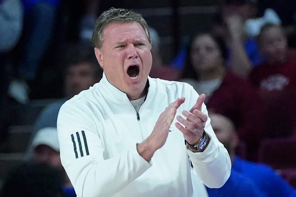 Kansas head coach Bill Self during the second half against Oklahoma, Tuesday, Jan. 18, 2022, in Norman, Okla.
