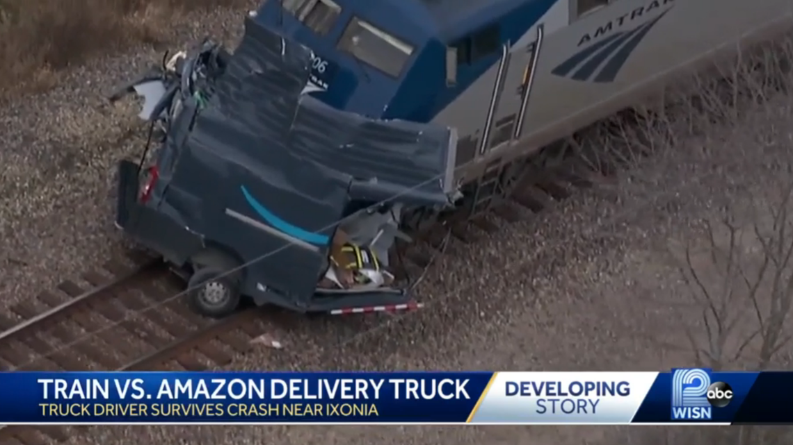 An Amazon van was cut in half during a collision with an Amtrak train in Jefferson County, Wisconsin, officials said.