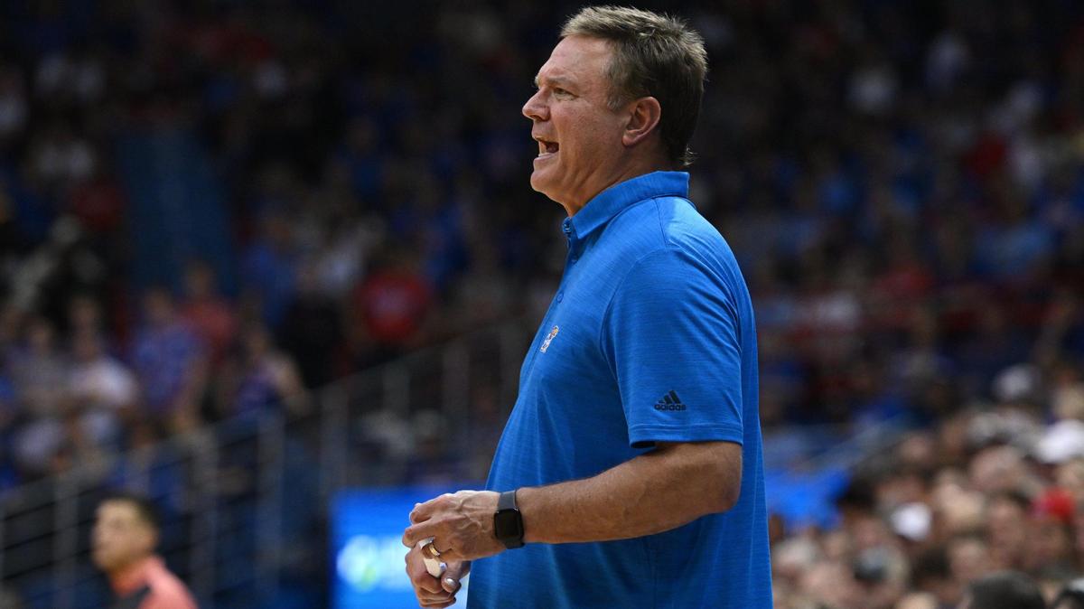 KU head coach Bill Self yells instructions to his team during the second half of Thursday night’s exhibition game at Allen Fieldhouse. KU beat Pittsburg State 94-63.
