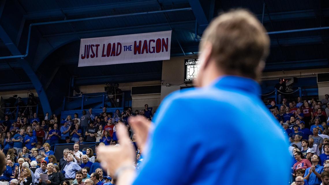 A new banner honoring the memory of Bill Self Sr. was hung in the west rafters of Allen Fieldhouse on Thursday before the Jayhawks played host to Pitt State in an exhibition contest.