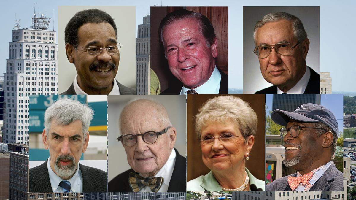 Top row, from left: Former Kansas City Mayors Emanuel Cleaver, Richard Berkley and Ilus Davis. Bottom row, from left: Former Mayors Mark Funkhouser, Charles Wheeler, Kay Barnes and current Mayor Sly James.