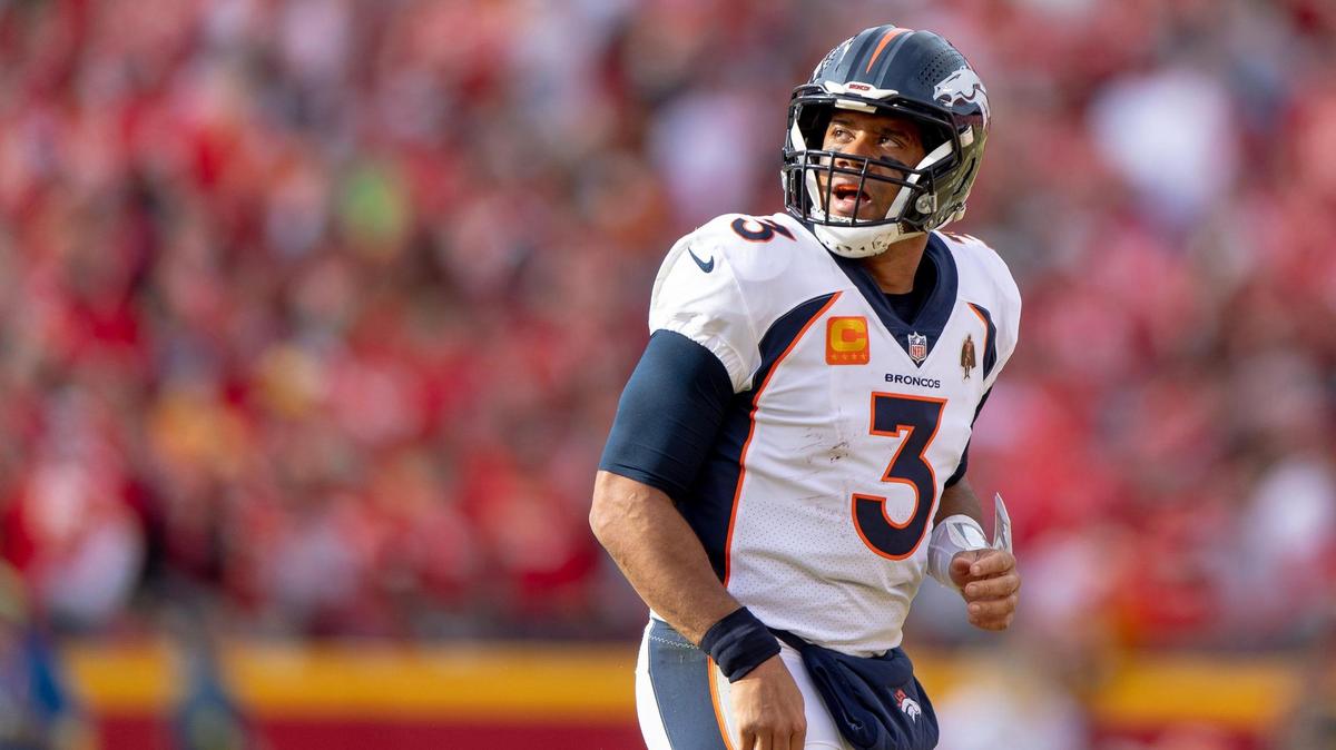 Denver Broncos quarterback Russell Wilson (3) runs off the field during an NFL football game against the Kansas City Chiefs at GEHA Field at Arrowhead Stadium on Sunday, Jan. 1, 2023, in Kansas City.