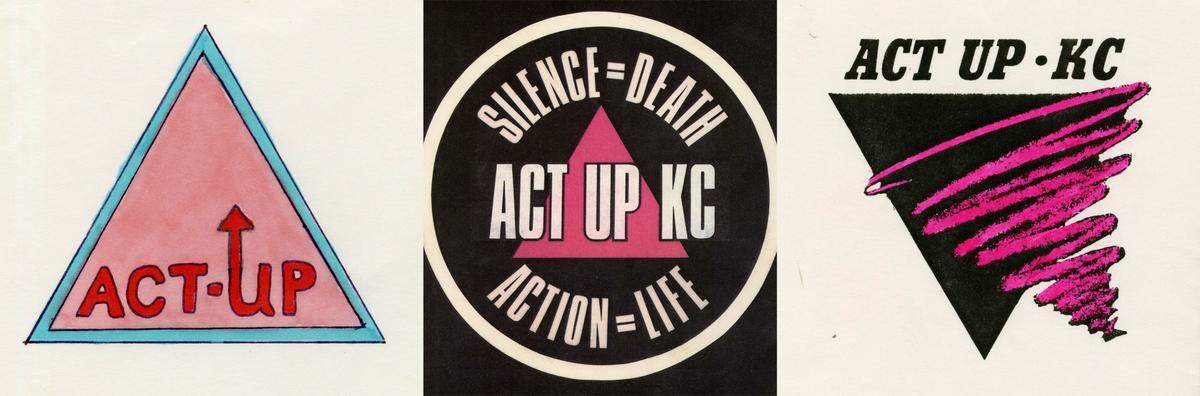 Design variations of the ACT UP/KC logo used on buttons and printed outreach materials.