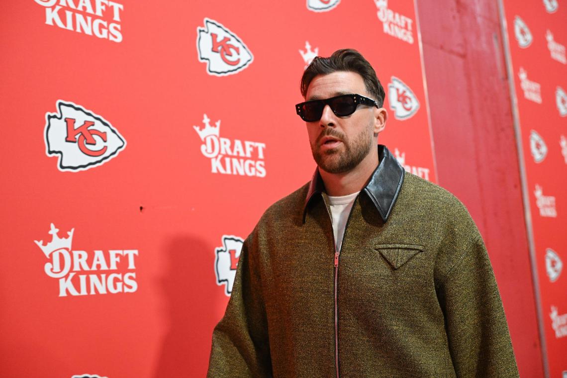 Kansas City Chiefs tight end Travis Kelce arrives before the Chiefs’ game with the Tampa Bay Buccaneers on Monday, Nov. 4, 2024, at GEHA Field at Arrowhead Stadium.