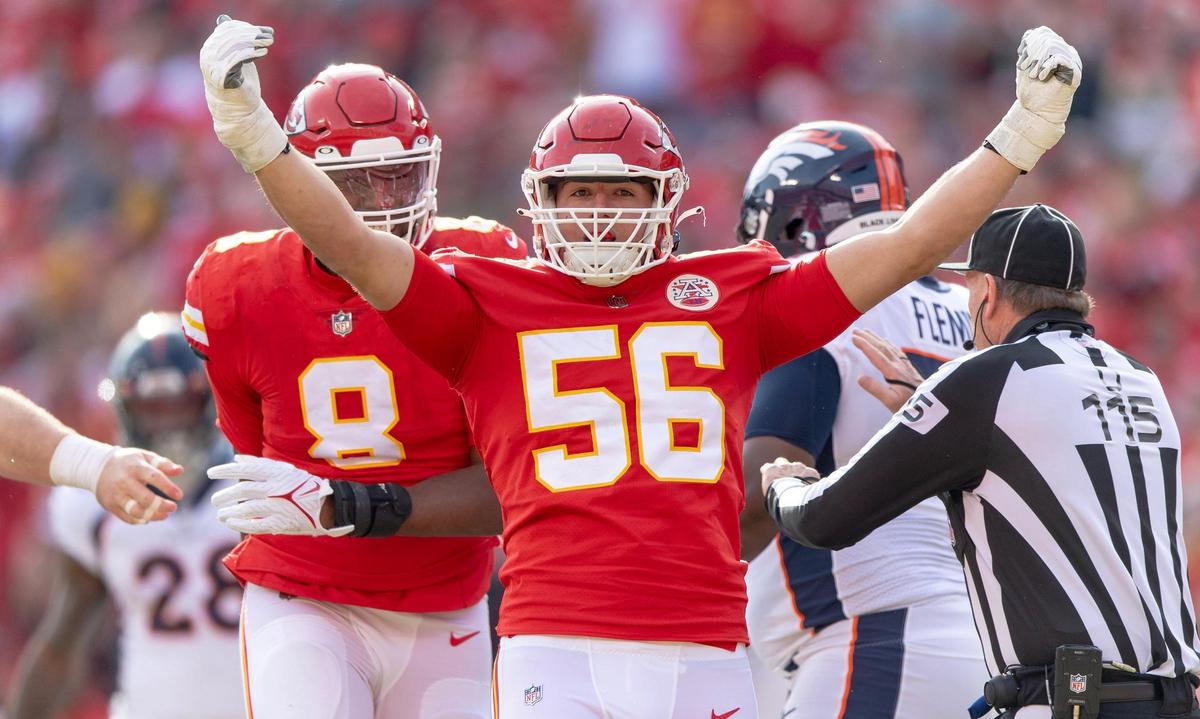 Kansas City Chiefs defensive end George Karlaftis (56) celebrates a sack during an NFL football game against the Denver Broncos at GEHA Field at Arrowhead Stadium on Sunday, Jan. 1, 2023, in Kansas City.
