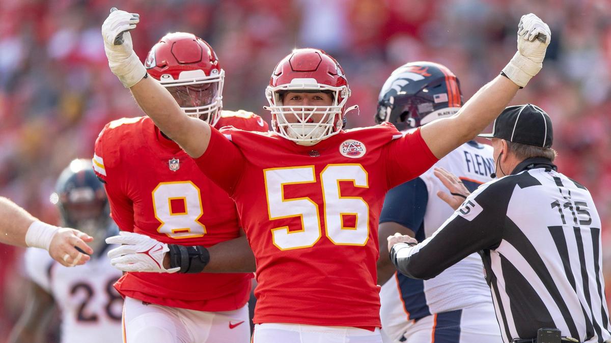 Kansas City Chiefs defensive end George Karlaftis (56) celebrates a sack during an NFL football game against the Denver Broncos at GEHA Field at Arrowhead Stadium on Sunday, Jan. 1, 2023, in Kansas City.