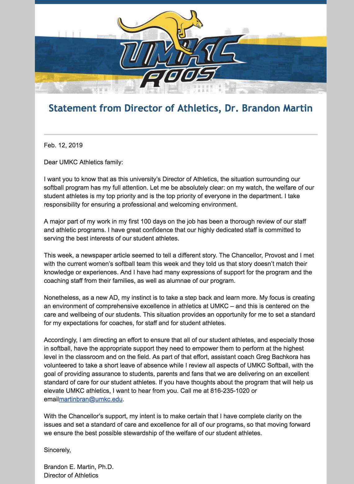 The director of athletics at UMKC issues this statement on Tuesday, Feb. 12, saying assistant softball coach Greg Bachkora would be taking a “short leave of absence.”