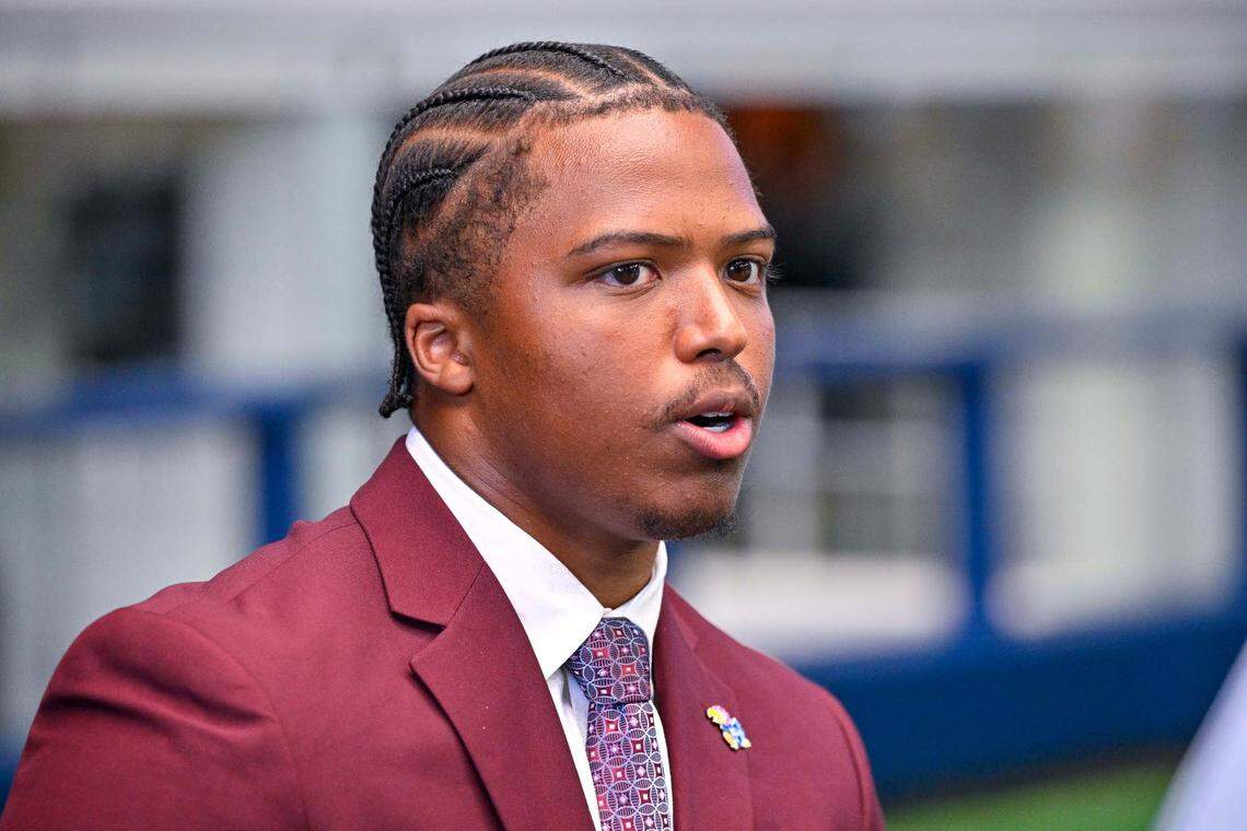 Kansas Jayhawks linebacker Rich Miller fields questions during Wednesday’s Big 12 football media event at AT&T Stadium.